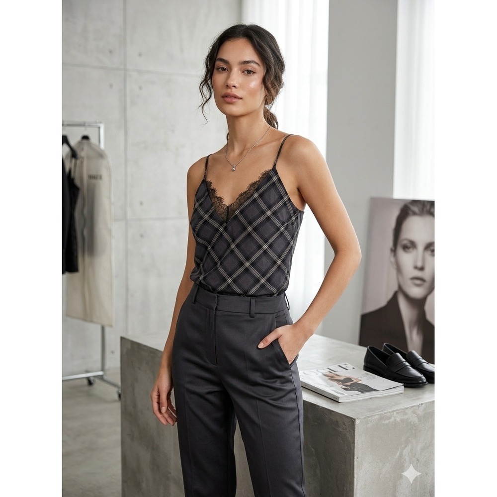 Gold Hawk Plaid Lace Trim Camisole Top Charcoal Gray Large NWT - Picture 10 of 10